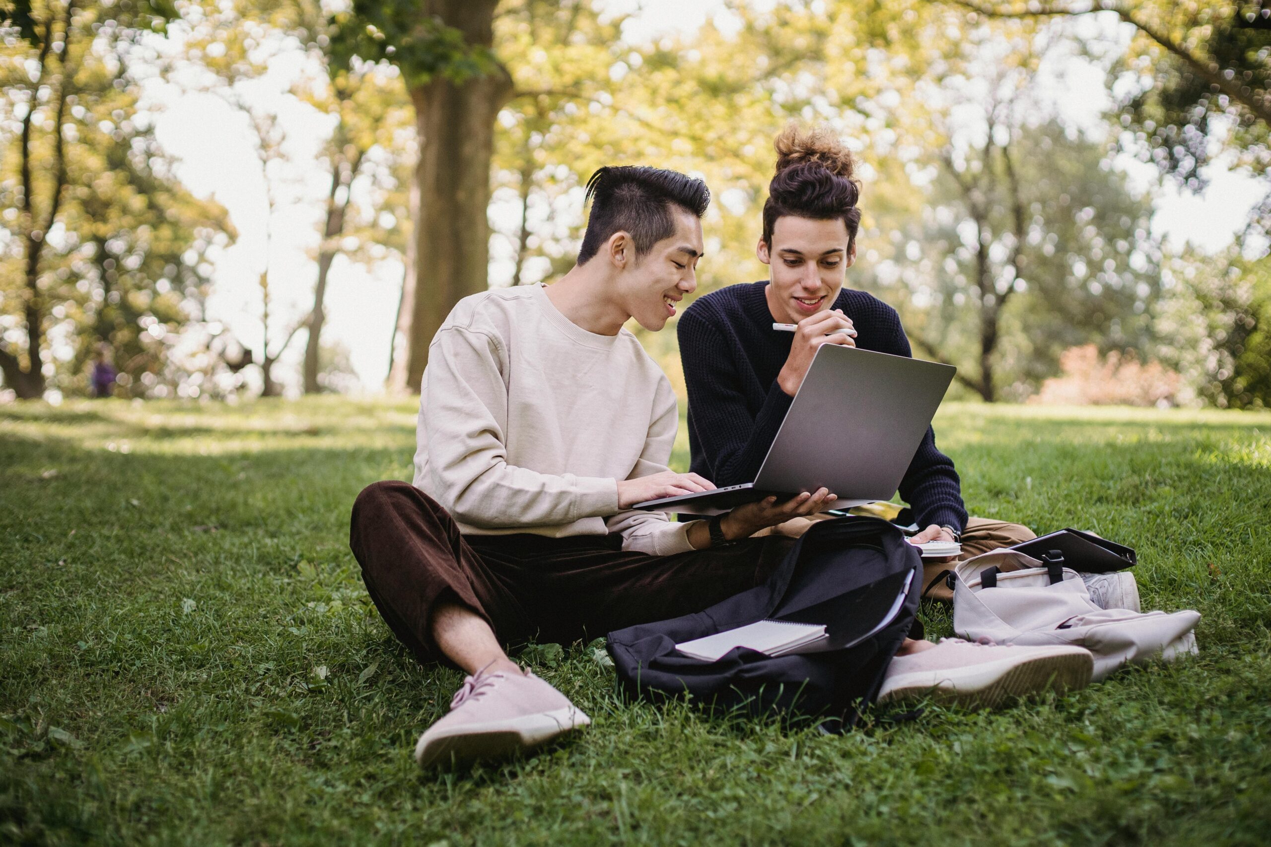 Two white male students using laptop in the Park