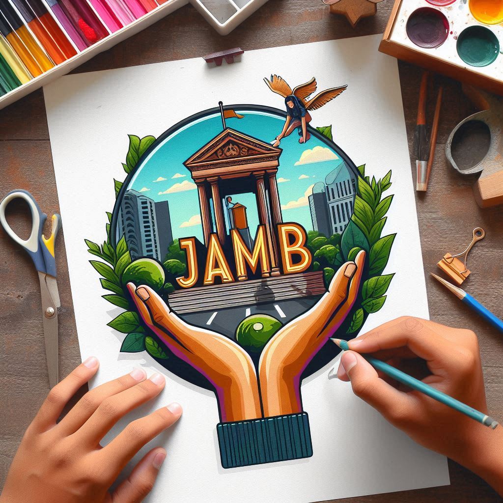 A student's hand carrying a designed JAMB logo