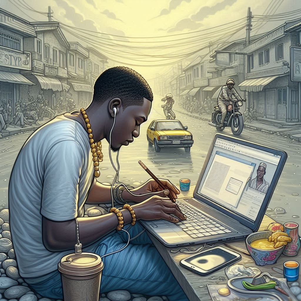 A black guy wearing earphone while working on his Laptop