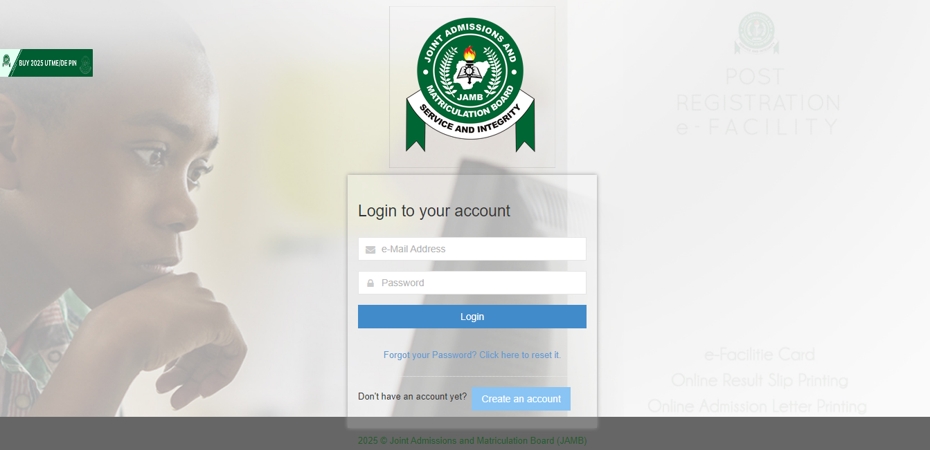 Screenshot of JAMB E-facility portal page